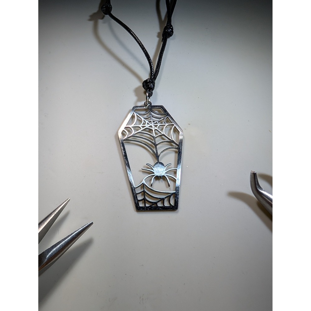 Silver Coffin Spider Web Pendant Necklace Gothic Adjustable Black Cord Jewelry